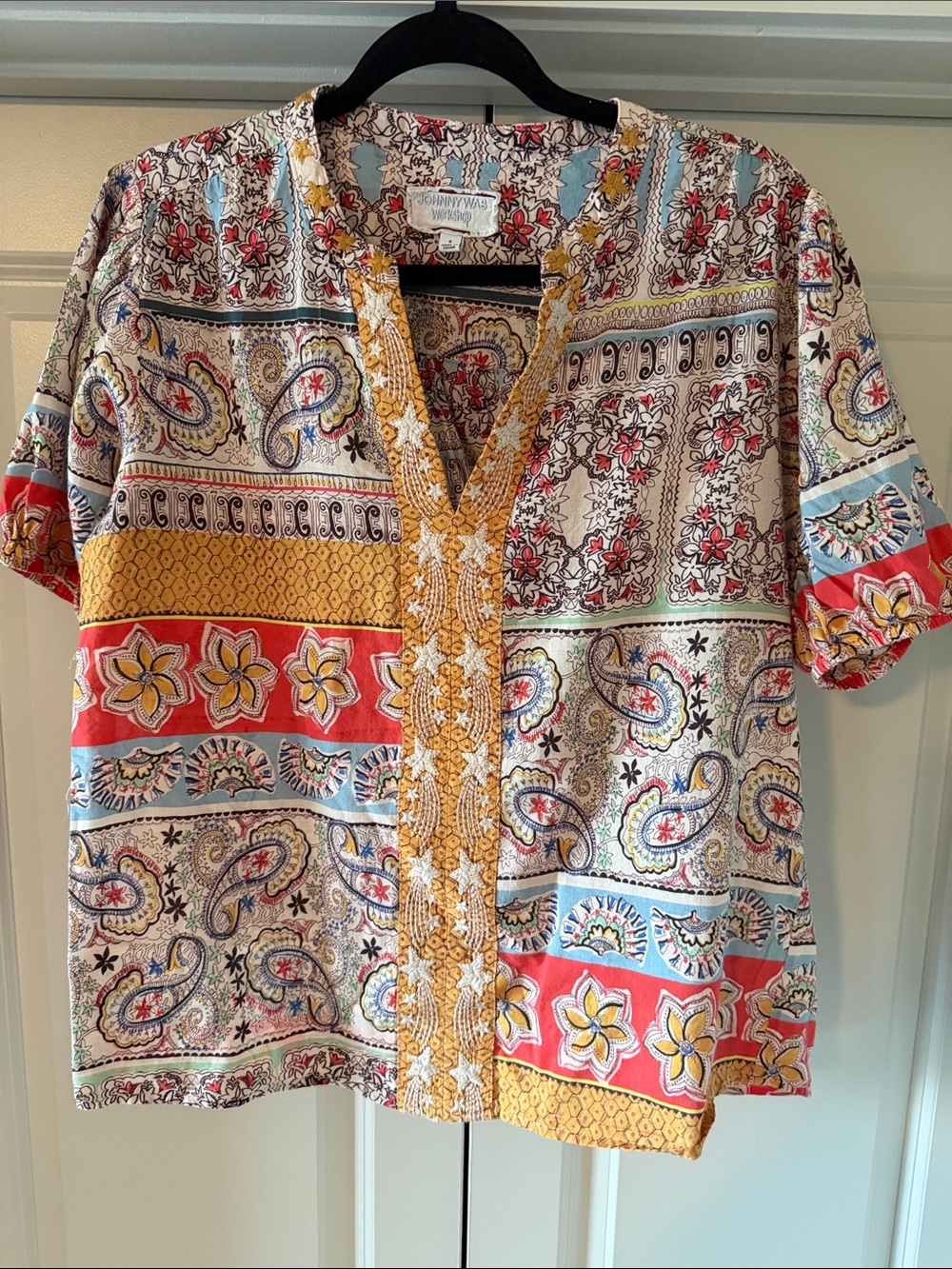 Johnny Was Multi-Color Patchwork Short Sleeve Blouse